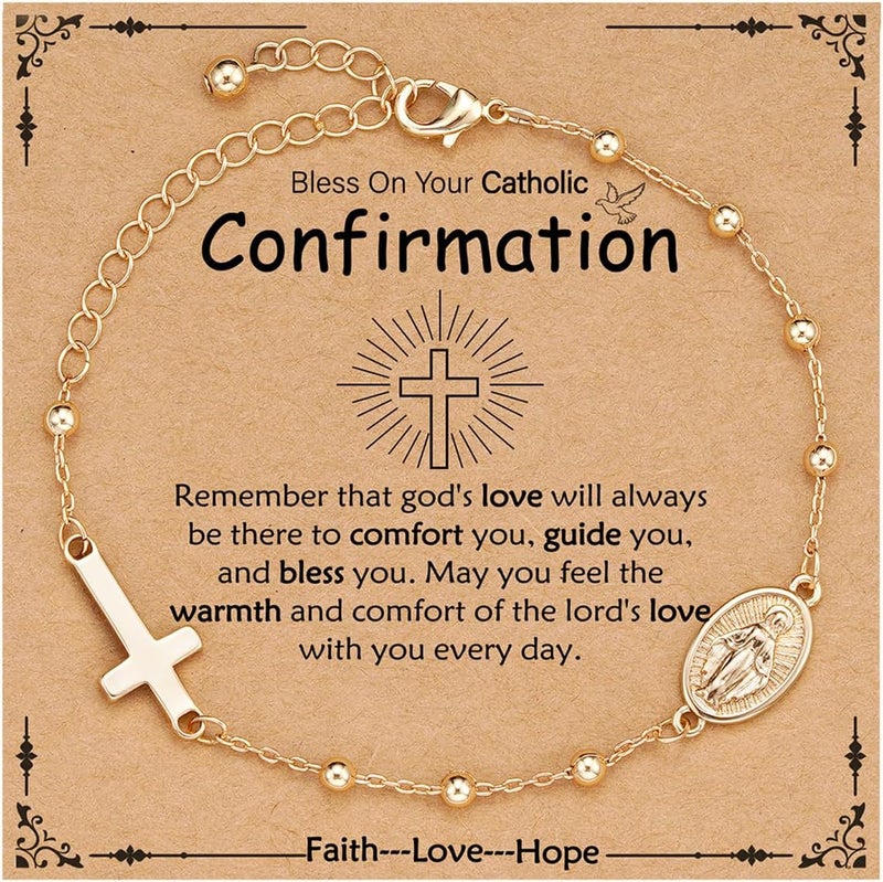 VULETO Catholic Virgin Mary Cross Bracelet Gifts for Girls Teens Women, Rosary Beads Charm Link Chain Bracelet Christmas Christian Religious Jewelry Gifts - Image 1
